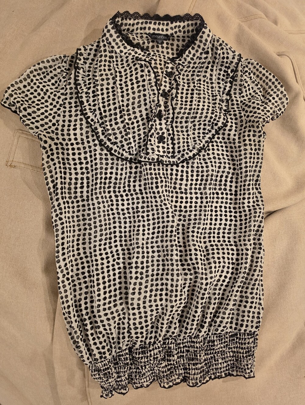 Maurices Polka Dot Ruffle-Yoke Cap Sleeve Blouse - Black/White, MEDIUM
